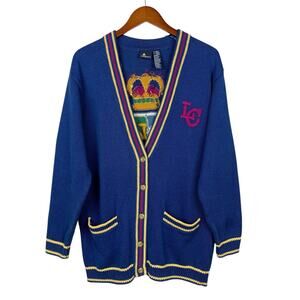 Vintage Lizsport Liz Claiborne Crest Cardigan Sweater Blue Button Front Womens L